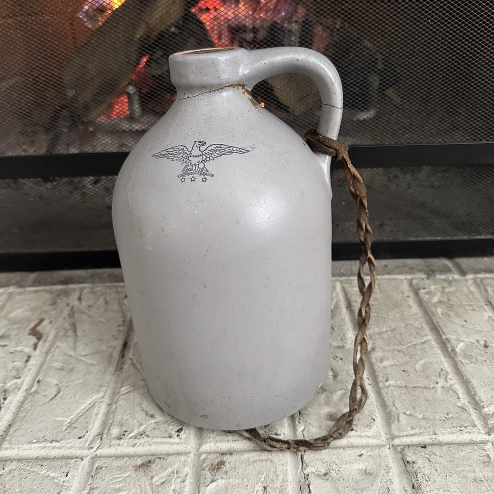 Vintage Stoneware Jug w/ Eagle Design & Leather Handle – Primitive Decor 9.5”